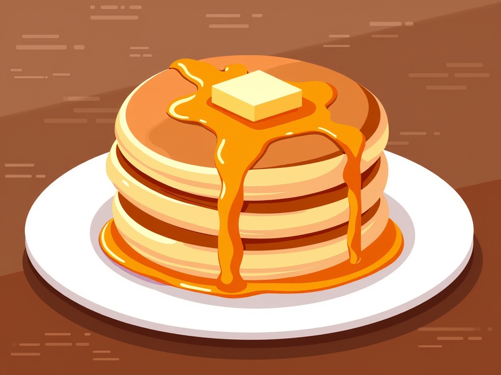 The image is an illustration of a stack of pancakes on a white plate. The pancakes are golden brown and appear to be freshly made. On top of the stack, there is a small block of butter. The syrup is dripping down the sides of the pancakes, creating a smooth and creamy texture. The plate is placed on a brown background. The overall color scheme of the image is warm and inviting.