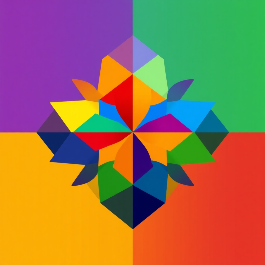Interlocking Shards: Asymmetrical, vibrant geometric pieces in a spectrum of Pride colors fit together, forming a dynamic, unified abstract pattern symbolic of diverse identities creating a cohesive whole.