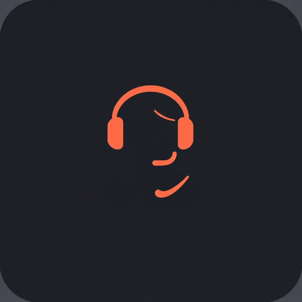 The image is a square-shaped icon with a black background. In the center of the icon, there is an orange icon of a headset with a smiley face. The headset is facing towards the right side of the image. The icon appears to be a representation of a person's face, with their eyes closed and their mouth slightly open. The overall design is simple and minimalistic.