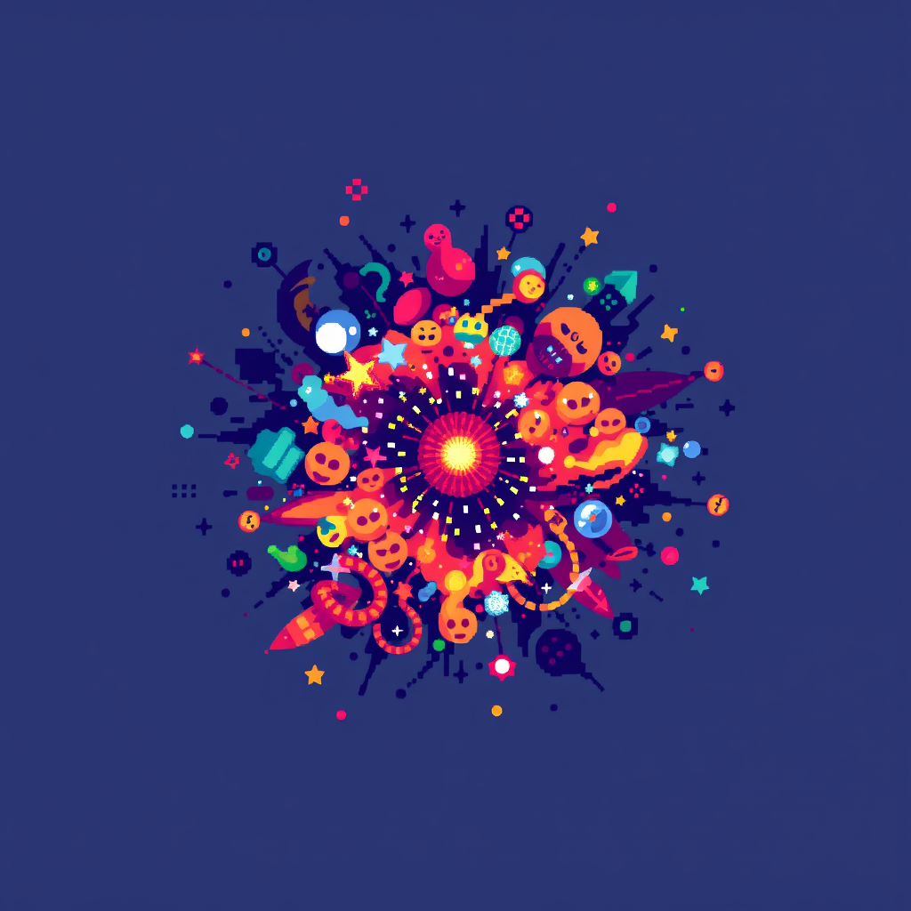 Pixelated Expanding Cosmos: A central pixel that bursts and expands outwards into a swirling composition of diverse, evolving pixel art forms, hinting at cosmic-scale digital creation on an infinite canvas.