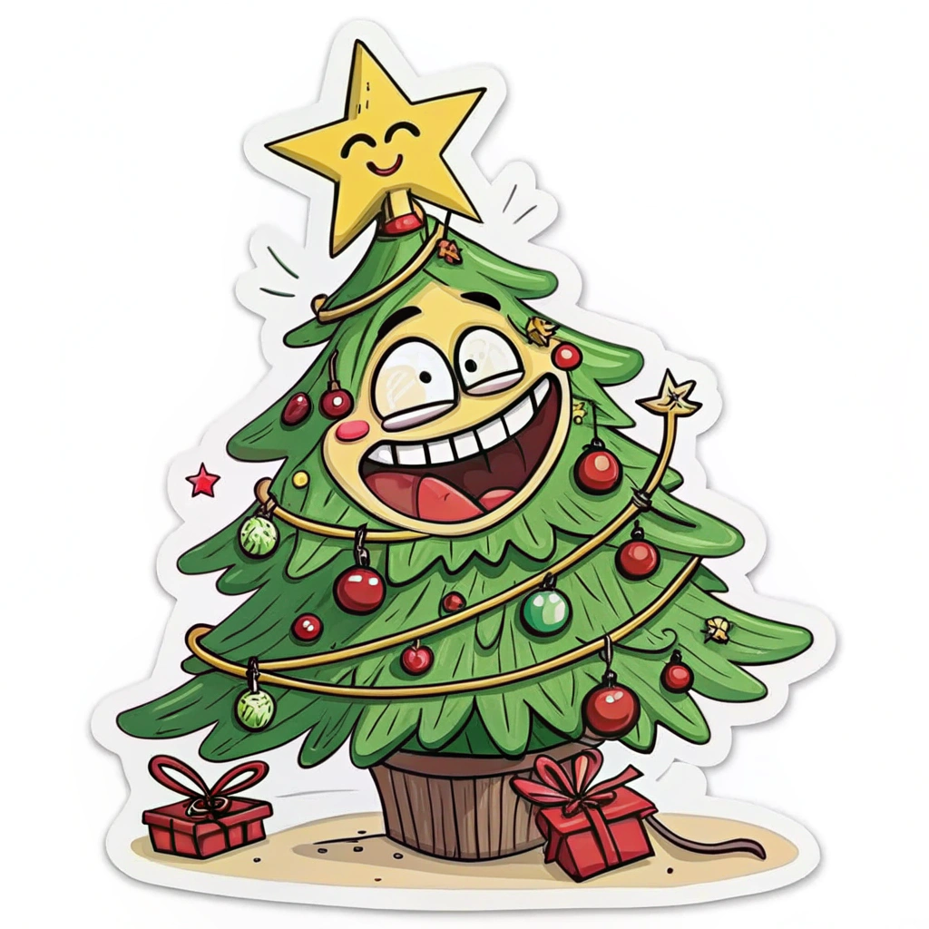 A caricature-style Christmas tree sticker highlighting exaggerated baubles, ribbons, and a giant grinning star, adding humor and fun to the holiday theme.