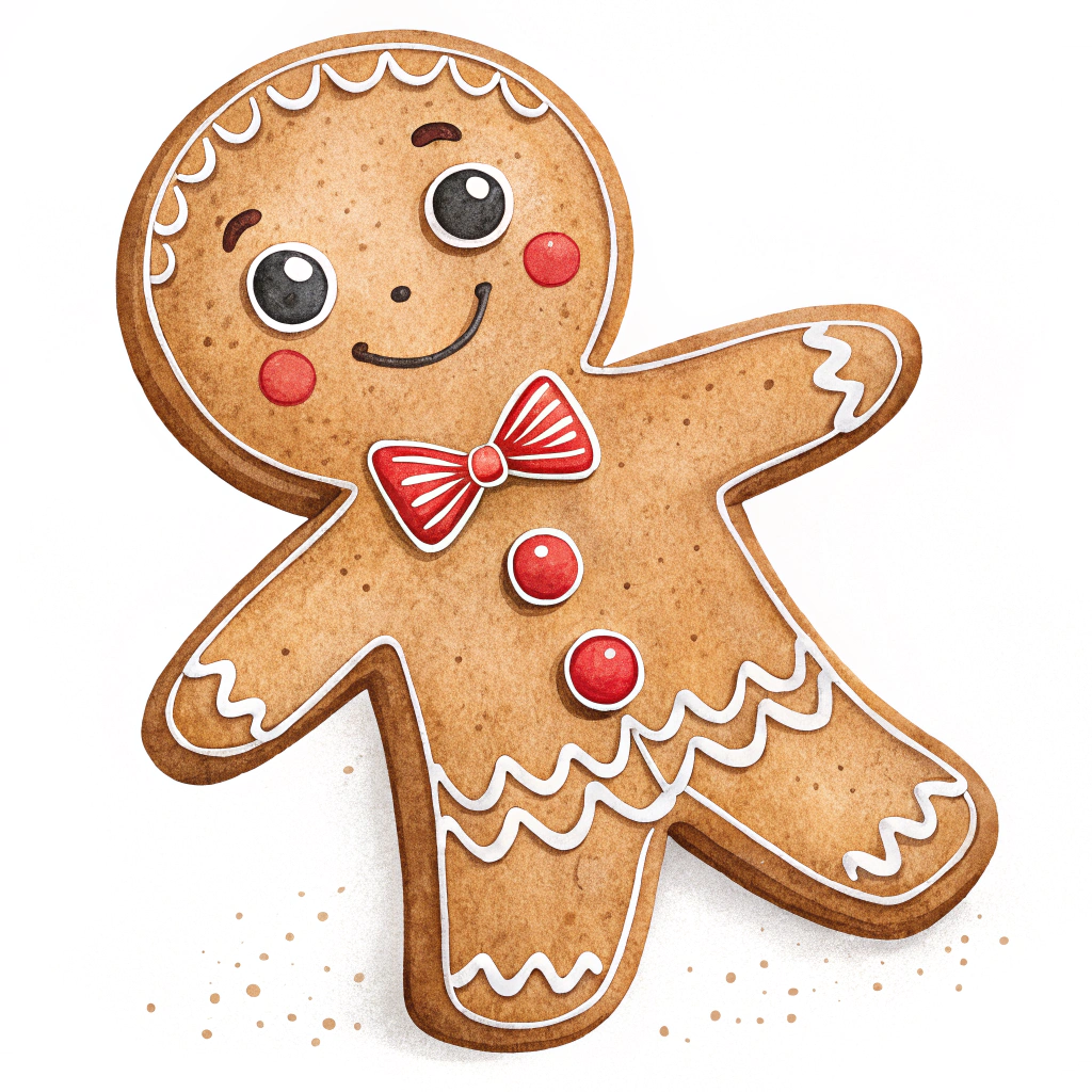 The image shows a gingerbread man with a red bow on his head, painted in brown, white, and red colors against a white background.