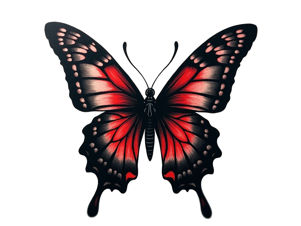 Tattoo depicting a Gothic butterfly design with black and red ink, adding dramatic flair, on a forearm, illustrating mystery and transformation.