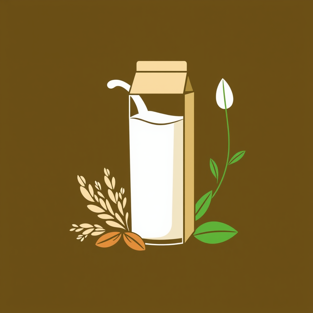 Showcase plant-based alternatives: Icons representing plant-based milks (oat, almond, soy) or other eco-conscious drinks, featuring the source plant alongside or integrated into the design of the glass or carton.
