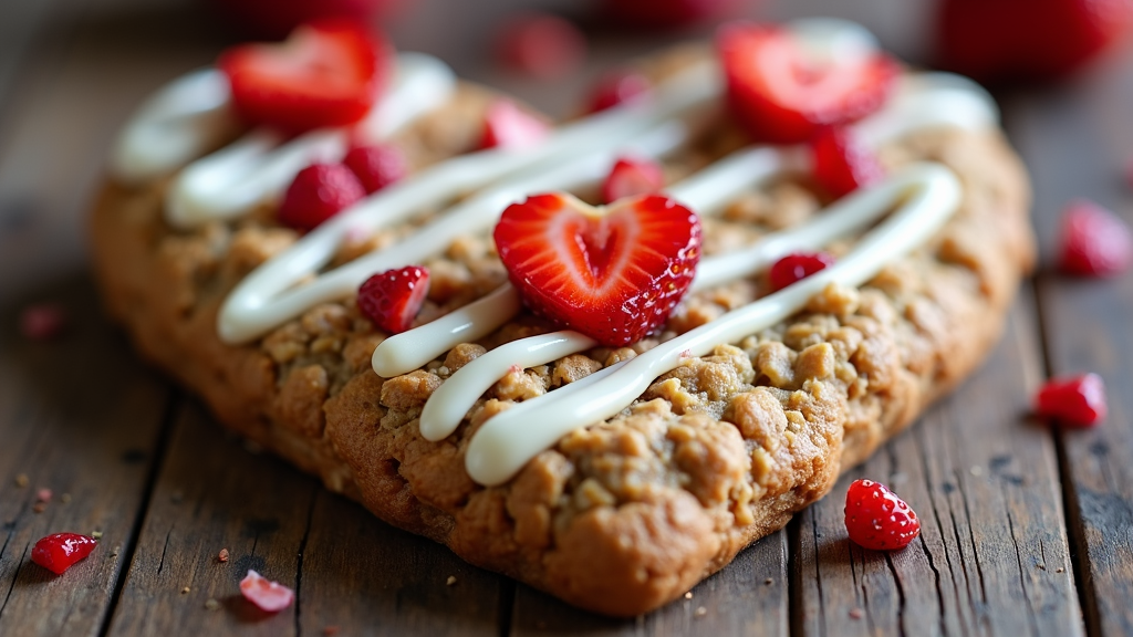 A heart-shaped oatmeal cookie, with a decorative white chocolate drizzle and tiny, vibrant red strawberry pieces on top, perfect for a Valentine's treat.