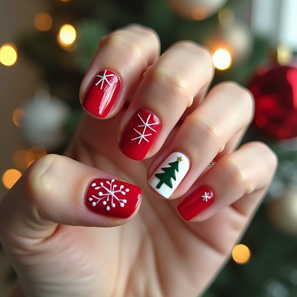  a pair of hands with their fingernails painted in a festive red color. The nails are decorated with white snowflakes and a small Christmas tree design. The background is blurred, but it appears to be a Christmas tree with lights and ornaments. The person's fingers are slightly spread apart, and their nails are neatly manicured.