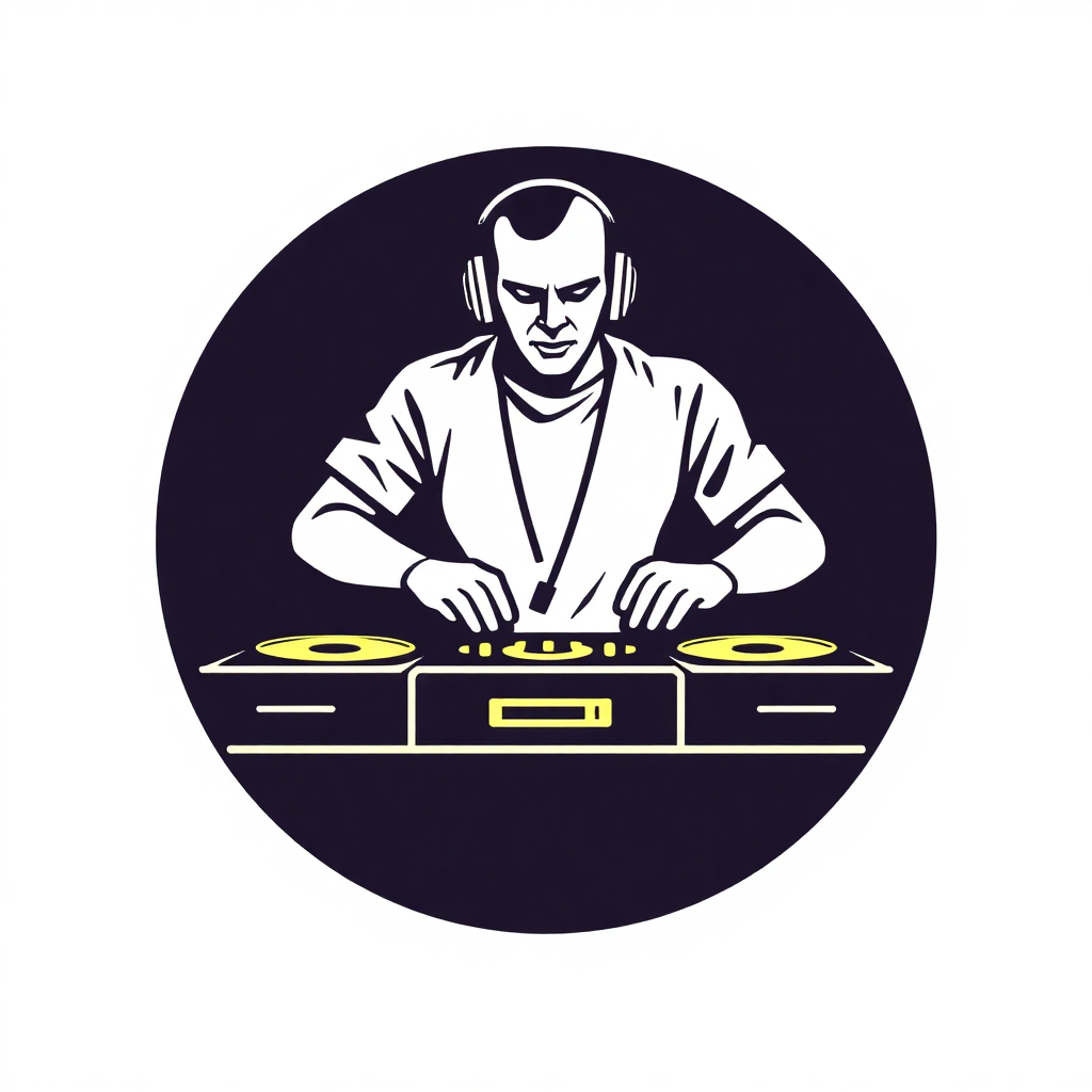 The image is a circular illustration of a DJ playing music on a turntable. The DJ is wearing a white shirt and has a pair of headphones on his head. He is in the center of the image, with his hands on the turntables and his eyes focused on the music. The background is black, and the DJ is outlined in white. The image has a vintage or retro feel to it.