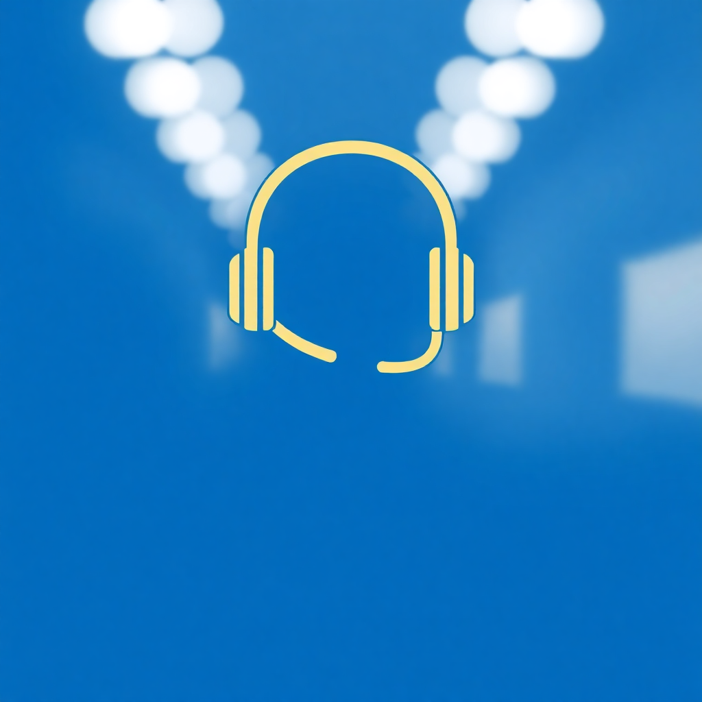 The image is a graphic design with a blue background. In the center of the image, there is a yellow line drawing of a pair of headphones. The headphones are outlined in white and are positioned in a way that they are facing towards the right side of the frame. The background is a gradient of blue and white, with small white circles scattered throughout. The overall design is simple and minimalistic.