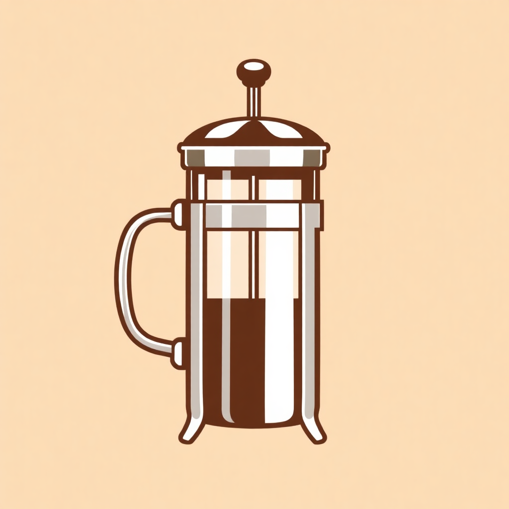 The image is an illustration of a french press coffee maker. It is a glass jar with a handle on one side and a spout on the other side. The jar is made of stainless steel and has a lid with a knob on top. The lid has a handle for easy pouring. The body of the jar is transparent, allowing the contents to be seen through it. The background is a light peach color. The overall design is simple and minimalistic.