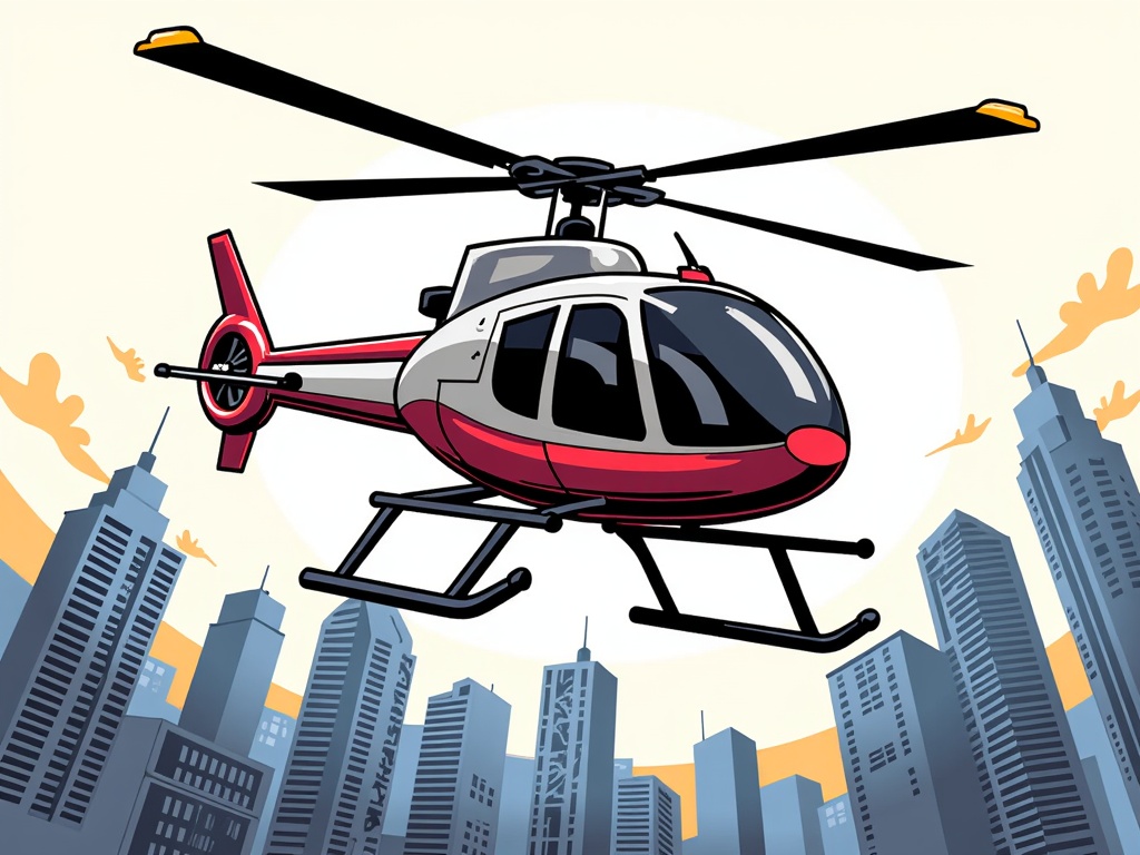 The image is an illustration of a red and white helicopter flying over a city skyline. The helicopter is in the center of the image, with its rotors spinning and its landing gear down. The city skyline below is made up of tall buildings of various sizes and shapes, with a mix of modern and traditional architecture. The sky is a light blue with orange and yellow clouds, and there are a few birds flying in the background. The overall style of the illustration is flat and cartoon-like.