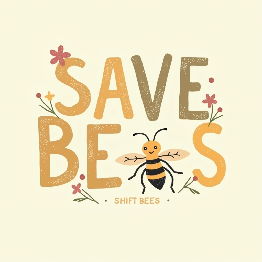 Simple Logo Idea: The words 'SAVE BEES' where the 'EE' in BEES are stylized as two small, simple bee bodies, possibly with tiny floral motifs subtly placed around the text.