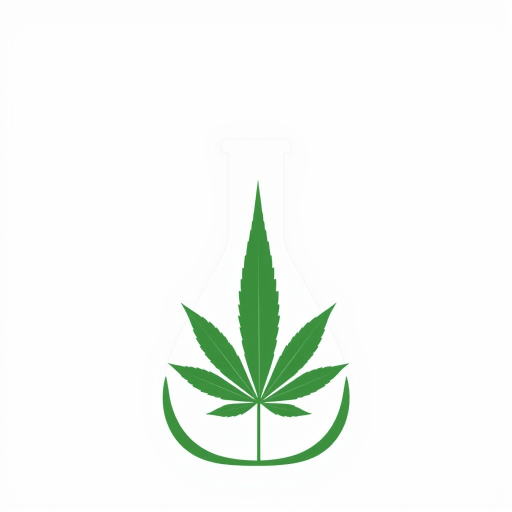 Sub-design 2: The silhouette of a scientific flask where the rounded bottom or the neck gracefully integrates or morphs into the form of a marijuana leaf, symbolizing the direct link between science and the plant.