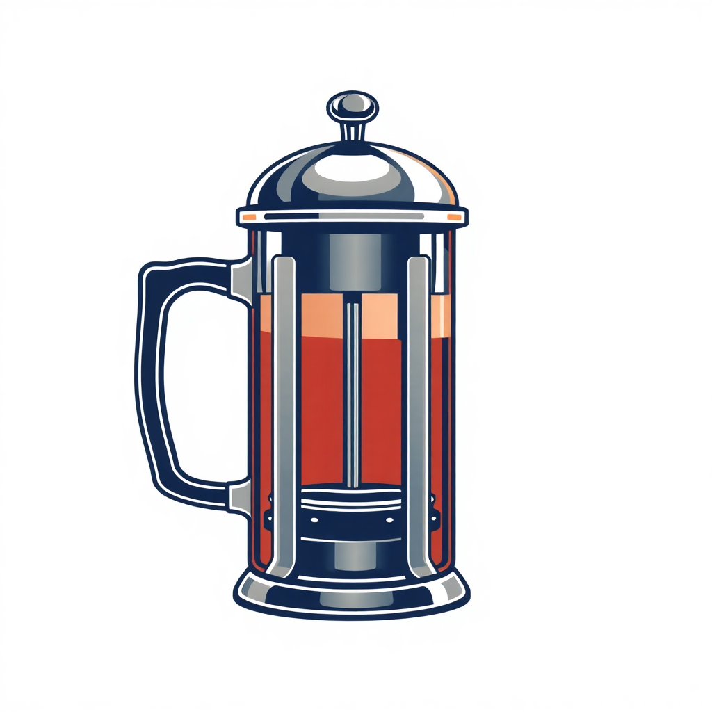 The image is an illustration of a French press coffee maker. It is a tall, cylindrical glass jar with a silver lid and a handle on top. The jar is filled with a red liquid, which appears to be freshly brewed coffee. The lid has a small knob on top, which is likely used to open and close the jar. The body of the jar is made of stainless steel and has a shiny finish. The handle is curved and has two handles on either side. The background is white, making the jar stand out.