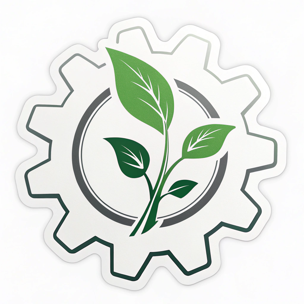 Simple icon sticker idea: A minimalist icon featuring a single gear cog from which a green leaf sprout clearly emerges, symbolizing the fusion of industry and nature. Ideal for a small, impactful sticker.
