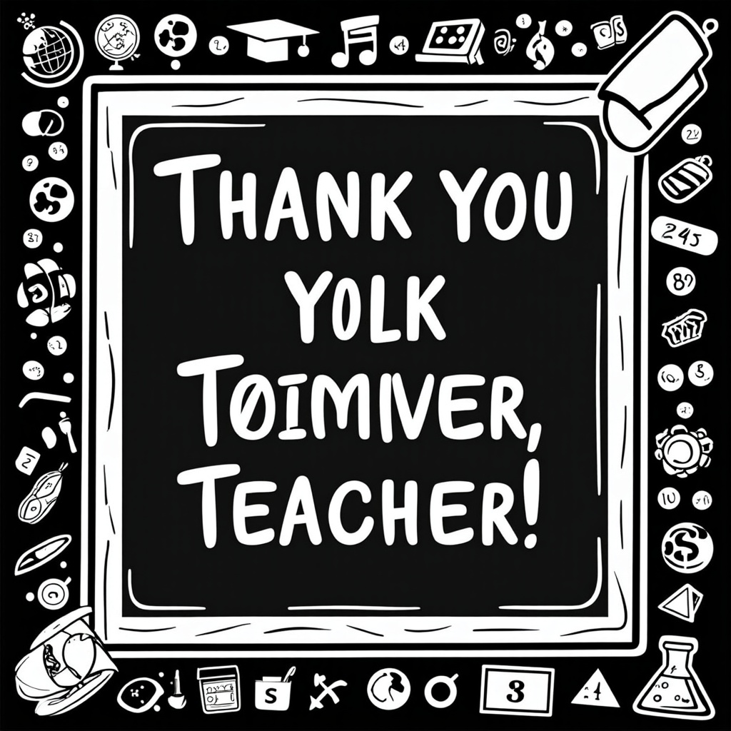 The chalkboard message 'Thank You, Teacher!' is framed by various school subjects iconography like a small globe, a musical note, a science beaker, and math symbols, all in a chalk-art style.