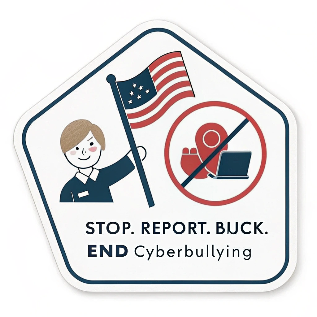 Report & Block Theme: A stop sign featuring simplified 'report' and 'block' icons (e.g., a flag and a circle with a slash). Text: 'STOP. REPORT. BLOCK. End Cyberbullying'.