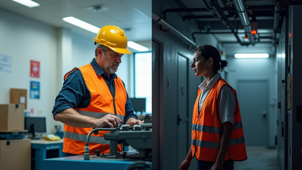 A split-screen design contrasting a well-lit, organized workspace with a trained worker operating safely on one side, and a dimly lit, hazardous environment with an untrained worker facing potential danger on the other. Headline: 'Training: The Bright Path to Safety'.