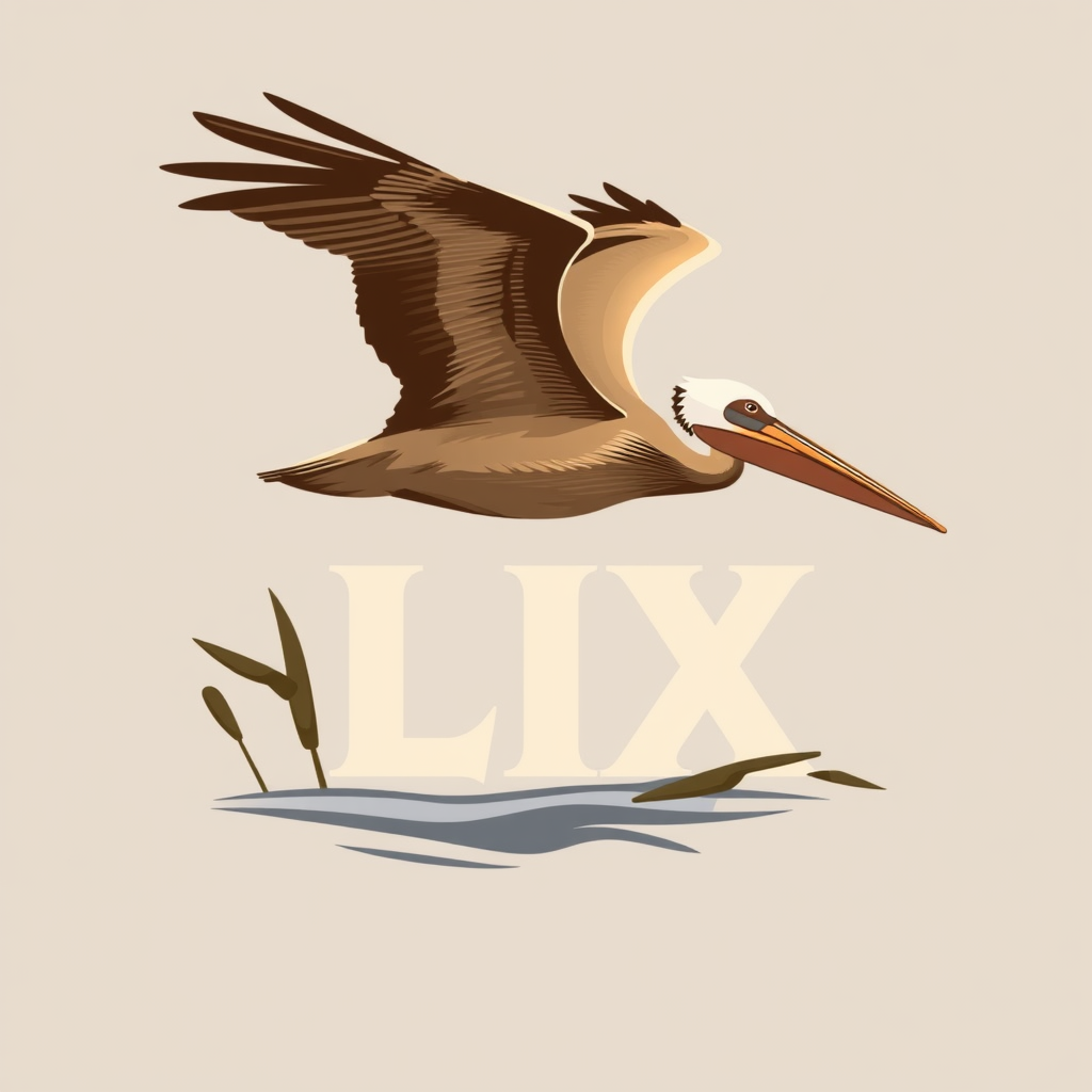 Sub Design Idea 2: 'Pelican & Reeds LIX' - A graceful brown pelican is depicted gliding over bayou reeds, with the 'LIX' either formed by the reeds themselves, the pelican's flight path, or subtly integrated into the bird's wingspan. Colors could be muted dawn or dusk hues.
