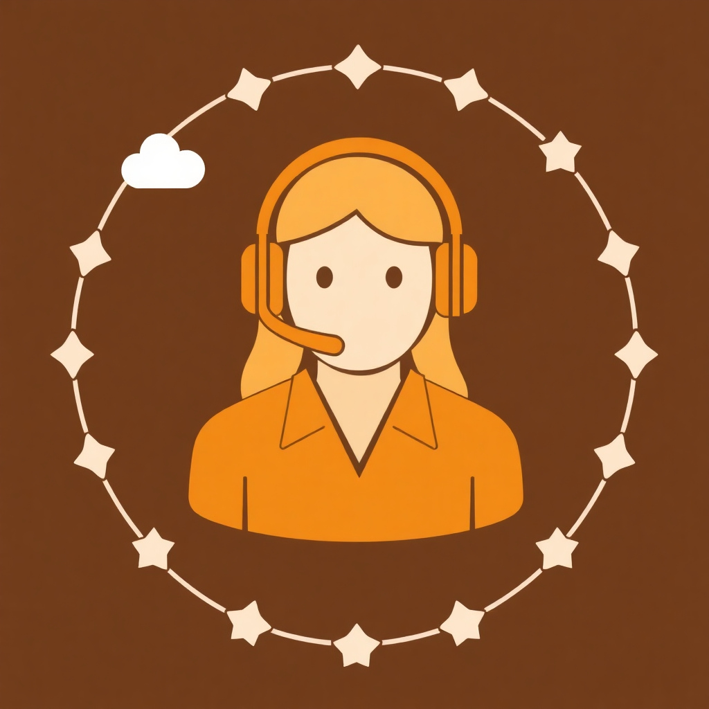 The image is an illustration of a person wearing a headset. The person is wearing an orange shirt and has blonde hair. They are standing in front of a brown background with a white cloud in the top left corner. Around the person, there are white stars arranged in a circular pattern. The overall design is simple and cartoon-like.