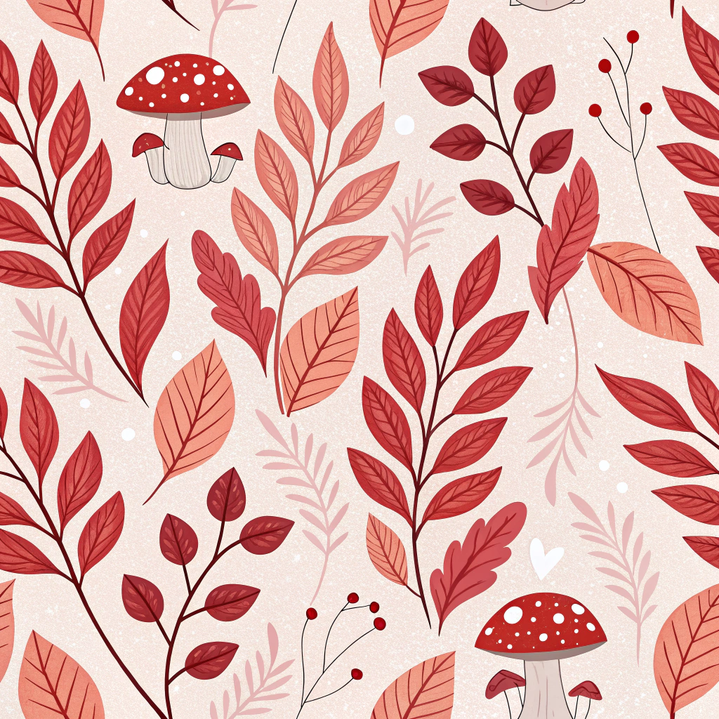 A romantic tapestry of crimson red leaves with mushrooms resembling romantic hearts embedded within them.