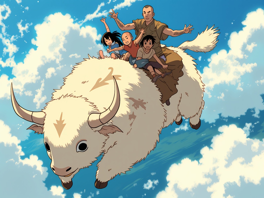 Appa, the Sky Bison, soaring majestically over the clouds with the team riding on his back, capturing the spirit of adventure in their quest.