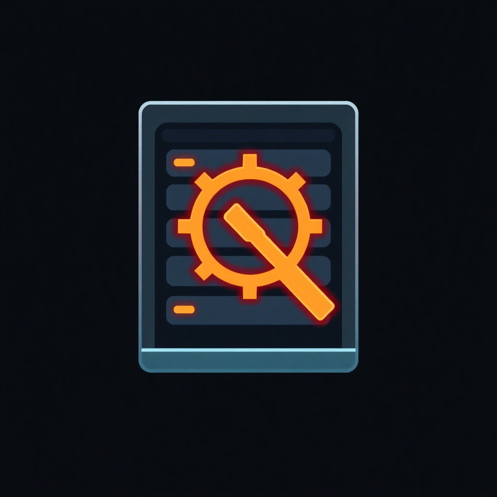 The image is a square icon with a black background. In the center of the icon, there is an orange gear with a hammer and sickle symbol on it. The gear is in the shape of a circle and is surrounded by a grid-like pattern. The overall design is simple and minimalistic.