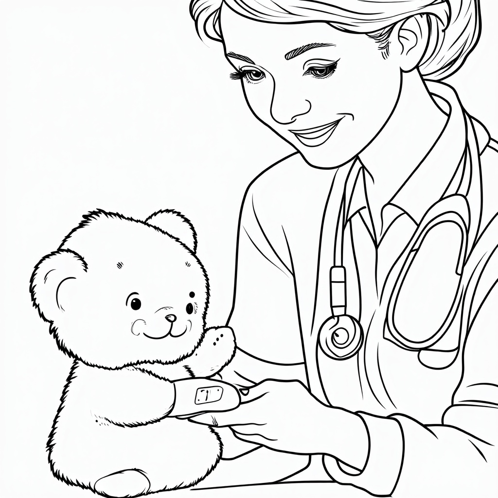 A close-up, stylized view focusing on a nurse's caring hands gently adjusting a bandage on a teddy bear's arm, with the nurse's smiling face partially visible and stethoscope draped. The theme is 'Gentle Care and Compassion'.