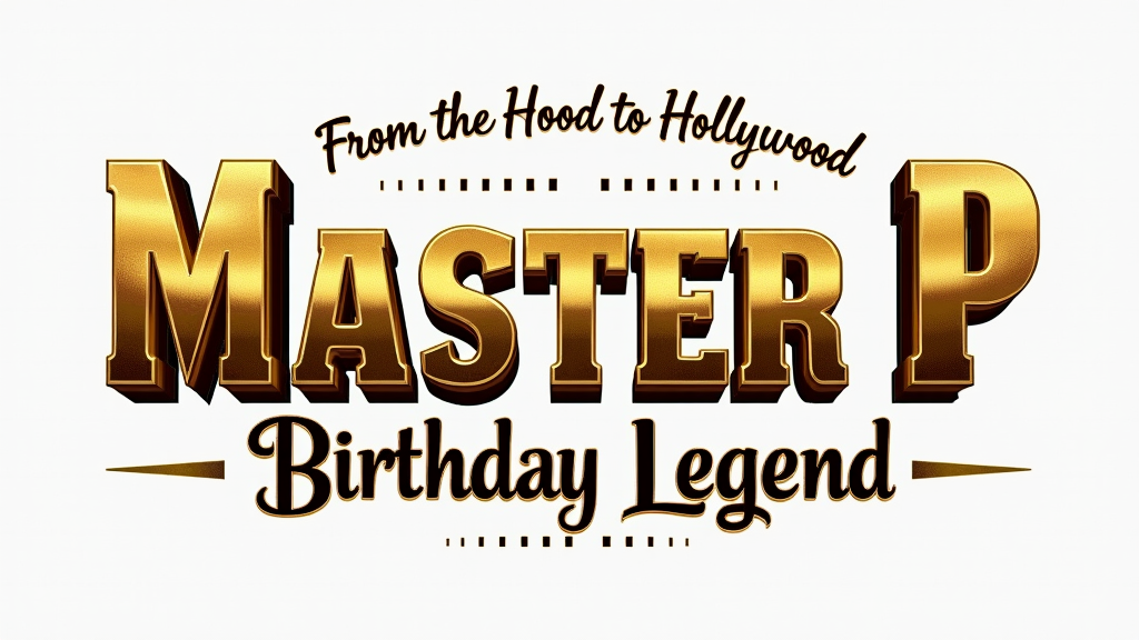 Simple Logo Idea: 'Master P' in a bold, impactful font with a gold metallic finish, reminiscent of No Limit album covers. Below it, 'Birthday Legend' in a sophisticated, classic Hollywood script font. The tagline 'From the Hood to Hollywood' could arc above or below the main text.