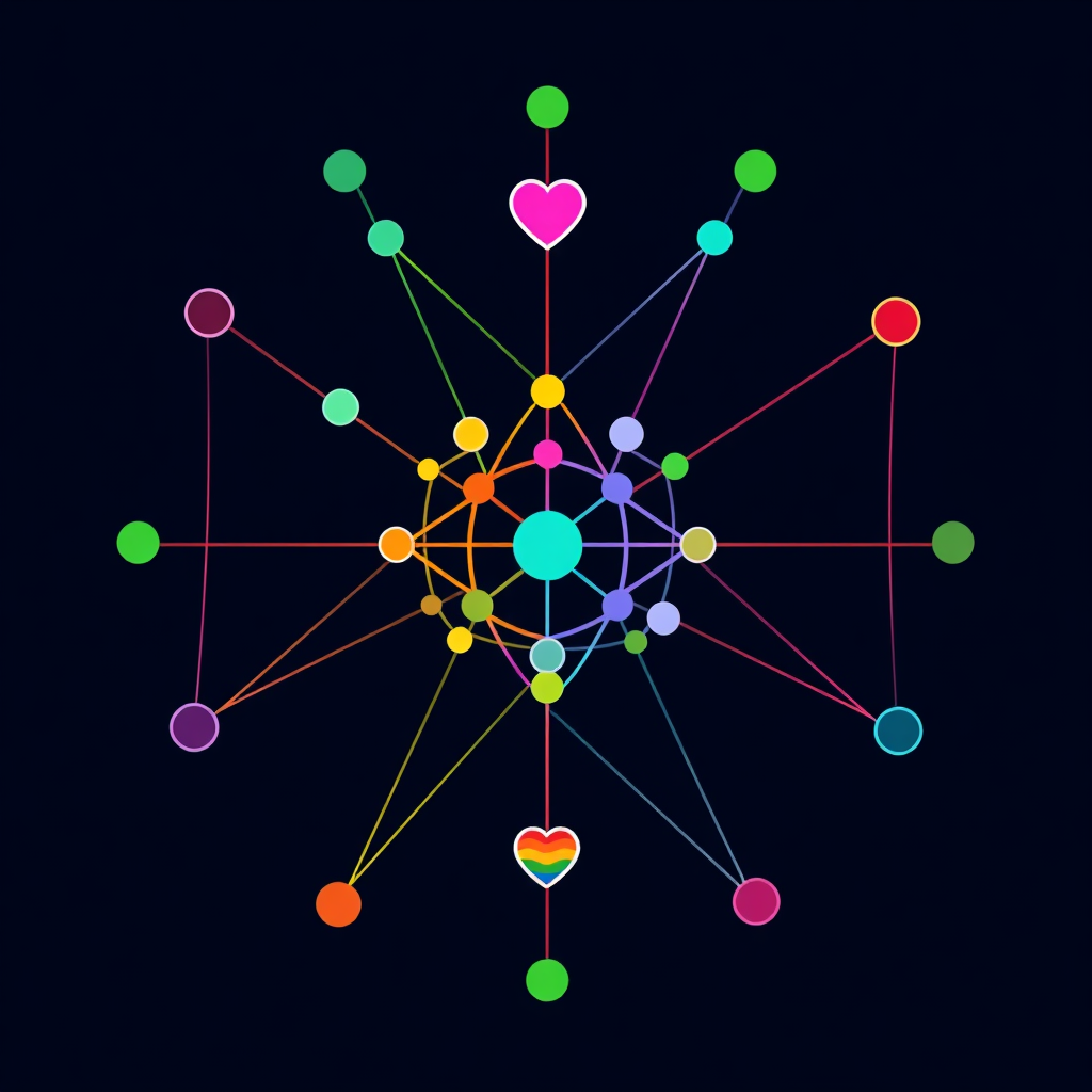 Growing Network/Nexus: Represent 'Evolving Connections' as an expanding network of nodes (stylized as people, hearts, or abstract shapes) linked by lines in a spectrum of Pride colors. The network visually grows, suggesting the strengthening and widening reach of global Pride communities, forming a 'Dynamic Global Pride Mark'.