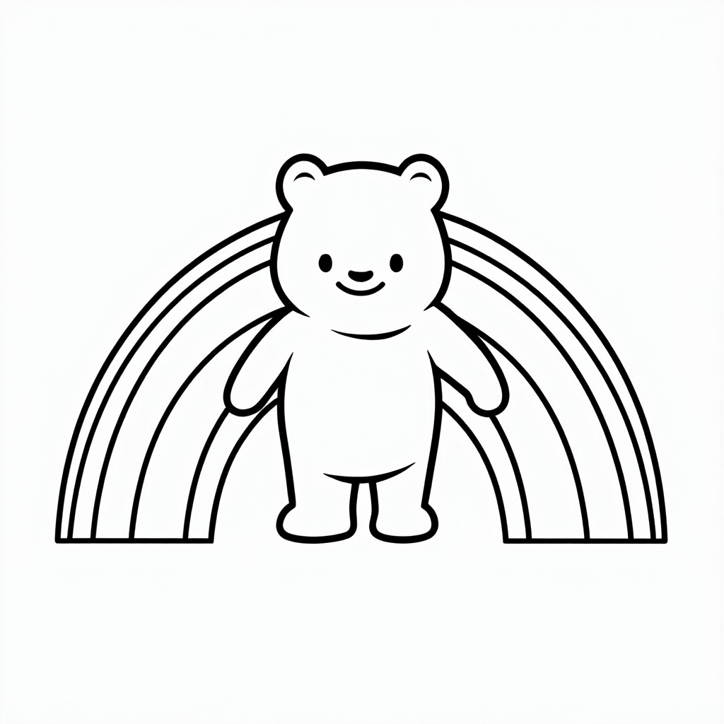 Simple Icon for 'Gummy Bear Rainbow Journey': A clean, iconic design featuring a single, cheerful gummy bear silhouette. The bear is outlined, standing on or in front of a stylized, multi-banded rainbow arc. Ideal for app icons, small branding marks, or chapter markers in the book.