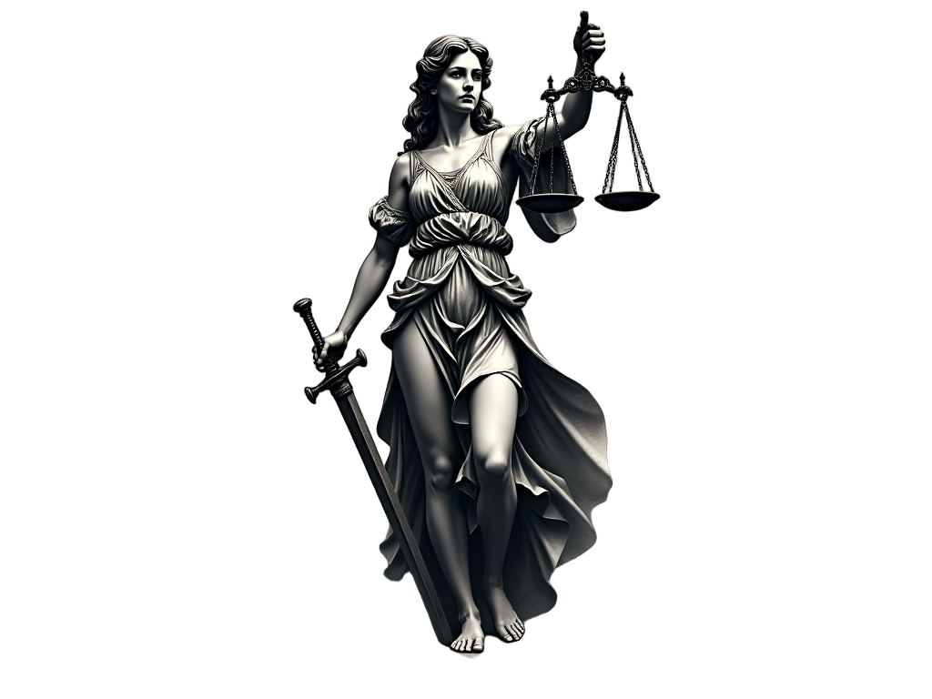 The Lady Justice tattoo contrasts dark shadows and bright highlights, adding depth and realism to her robe and features.