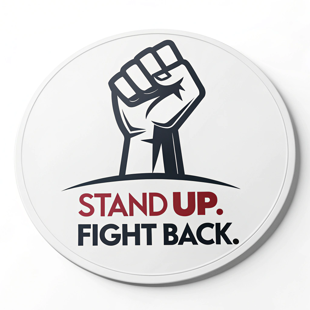 Sub-design idea 5 (Minimalist Icon & Punchy Slogan): Focus on a single, impactful, modern icon (e.g., a simplified raised fist, a breaking chain link) paired with a concise, bold All-Caps slogan. Slogan example: 'STAND UP. FIGHT BACK.'. Opt for a high-contrast two-color design for maximum visibility and recall.