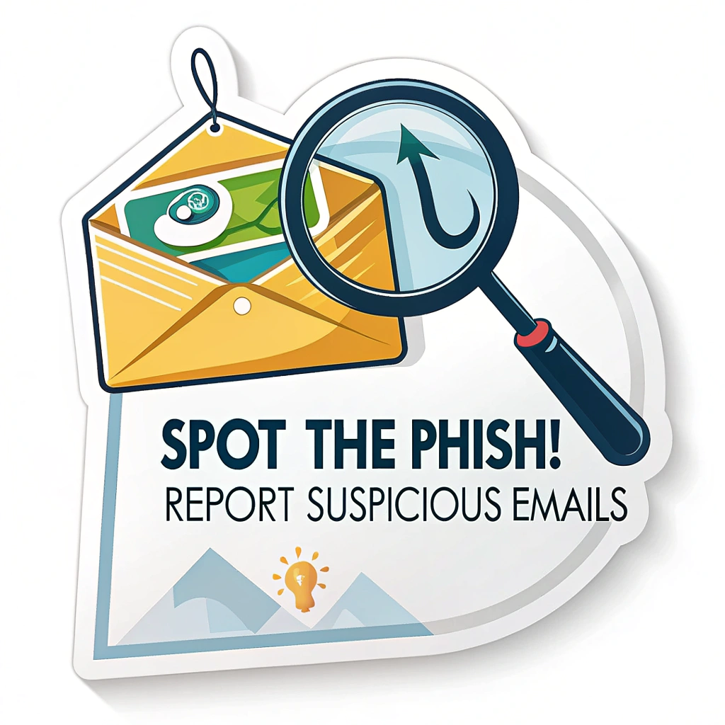 Sub-design 1: Sticker featuring a magnifying glass hovering over an email icon. The email icon subtly incorporates a fish hook. Text: 'Spot the Phish! Report Suspicious Emails.' Use bright, attention-grabbing colors.