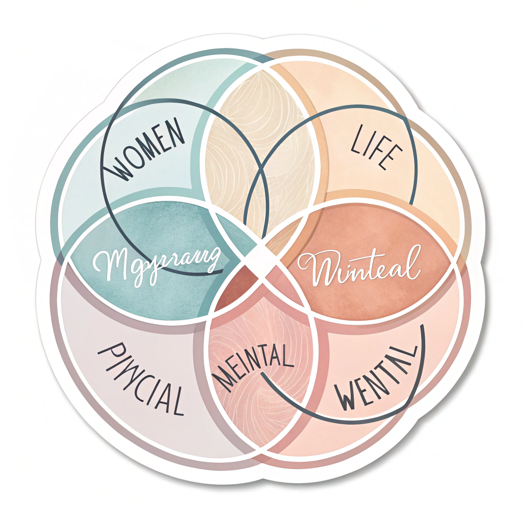 Abstract interconnected circles in soft pastel colors, each circle representing different aspects of women's well-being (physical, mental, emotional).