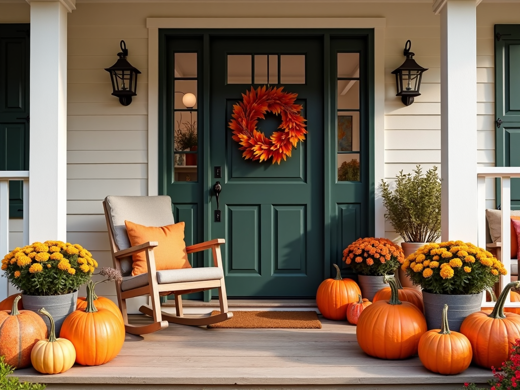 An inviting front porch of a farmhouse decorated with pumpkins, gourds, and a wreath of autumn leaves.