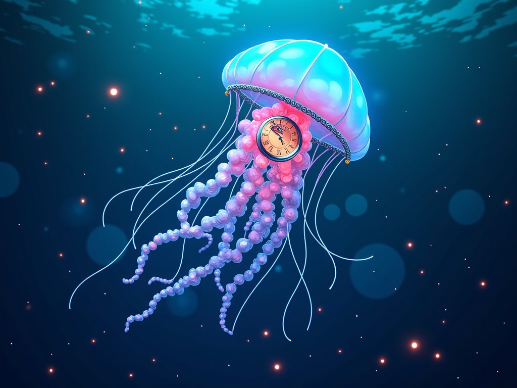 Symbiotic Flora/Fauna: Illustrations depicting plants and animals where organic elements fuse with mechanical parts. Example: A bioluminescent jellyfish with metallic tentacles and a visible internal clockwork mechanism, or a vine with leaves made of solar-cells and flowers that are intricate gear systems.