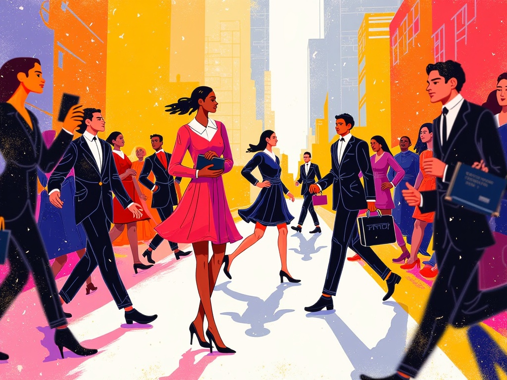Kinetic Energy & Urban Flow: Dynamic abstract art capturing the movement, pace, and energy of fashion on the runway and the city itself, using gestural strokes, blurred forms, and an energetic color palette reflecting NYC's vibrancy.