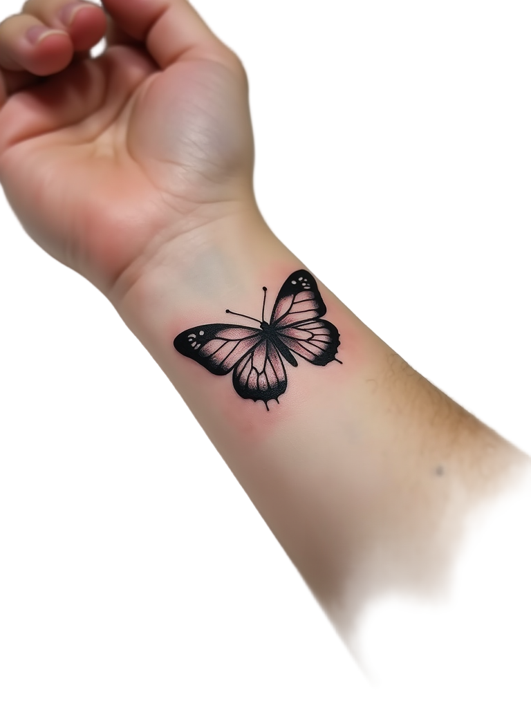 Minimalist black ink butterfly tattoo on the wrist, with fine lines and subtle shading, symbolizing simple beauty and grace.