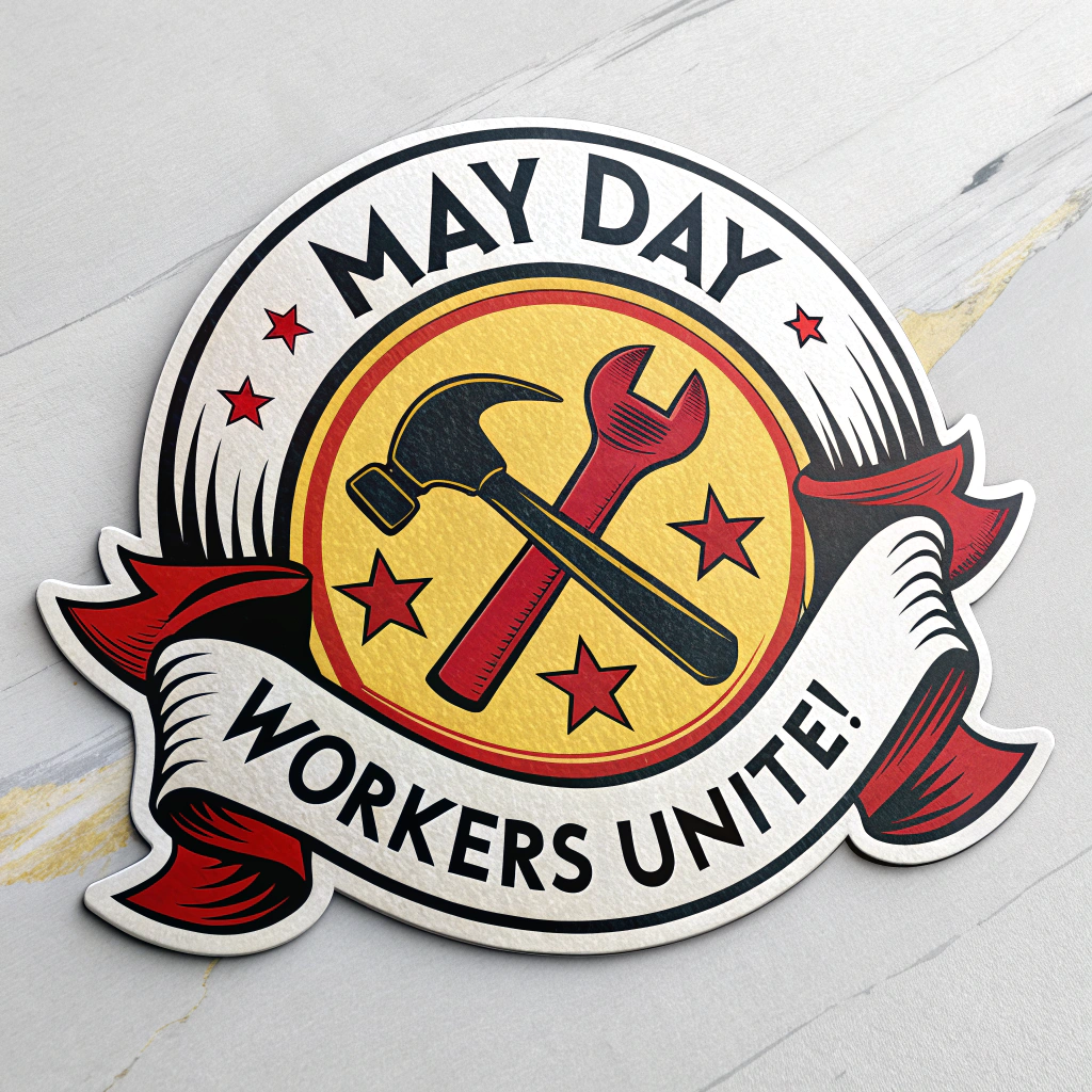 An emblem style sticker, perhaps circular or shield-shaped, featuring iconic labor symbols (crossed hammer and wrench, or a handshake) at the center, with 'May Day' and 'Workers Unite!' inscribed around the periphery or in a ribbon motif. Colors: Classic protest poster palette – red, yellow, black.