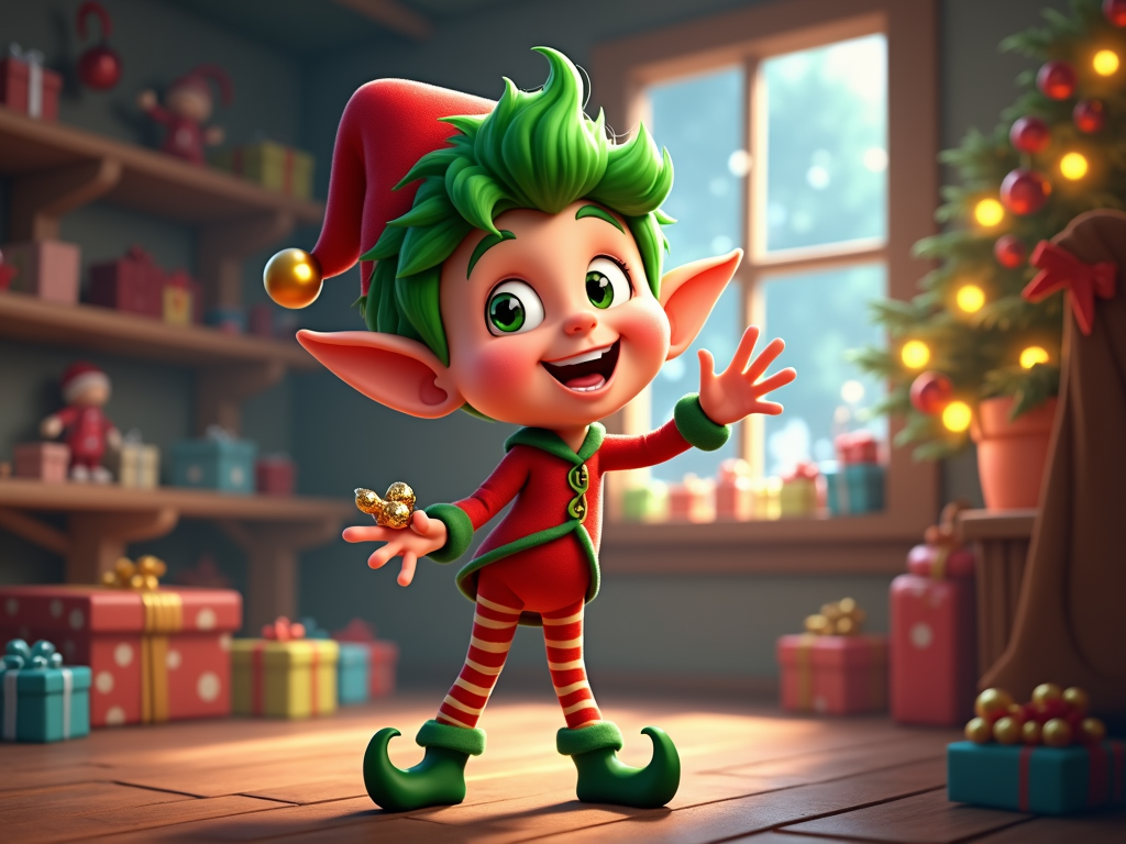  a cartoon elf standing in a room with a Christmas tree in the background. The elf is wearing a red and green outfit with a red hat and striped pants. He has green hair and is holding a gold bell in his right hand. He is standing on a wooden floor with his left hand raised in the air and his right arm stretched out to the side. There are several gift boxes scattered around the room and a bookshelf on the left side of the image. The Christmas tree is decorated with colorful ornaments and lights. The room appears to be decorated for the holiday season.