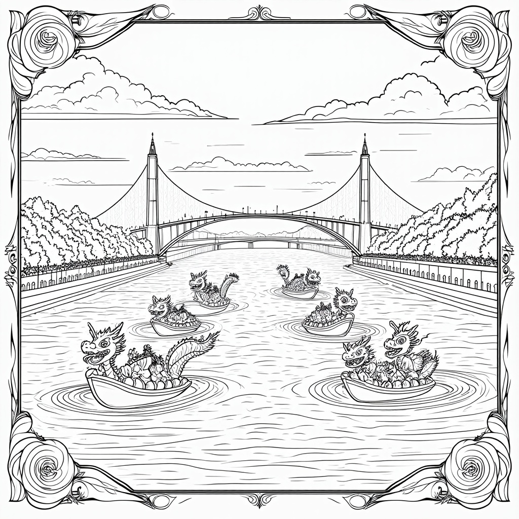 Panoramic Race Scene: Multiple dragon boats racing side-by-side on the Willamette River, showing cheering crowds along the Tom McCall Waterfront Park, with iconic Portland bridges spanning the river. Rose motifs can be integrated into the border or as decorative elements.
