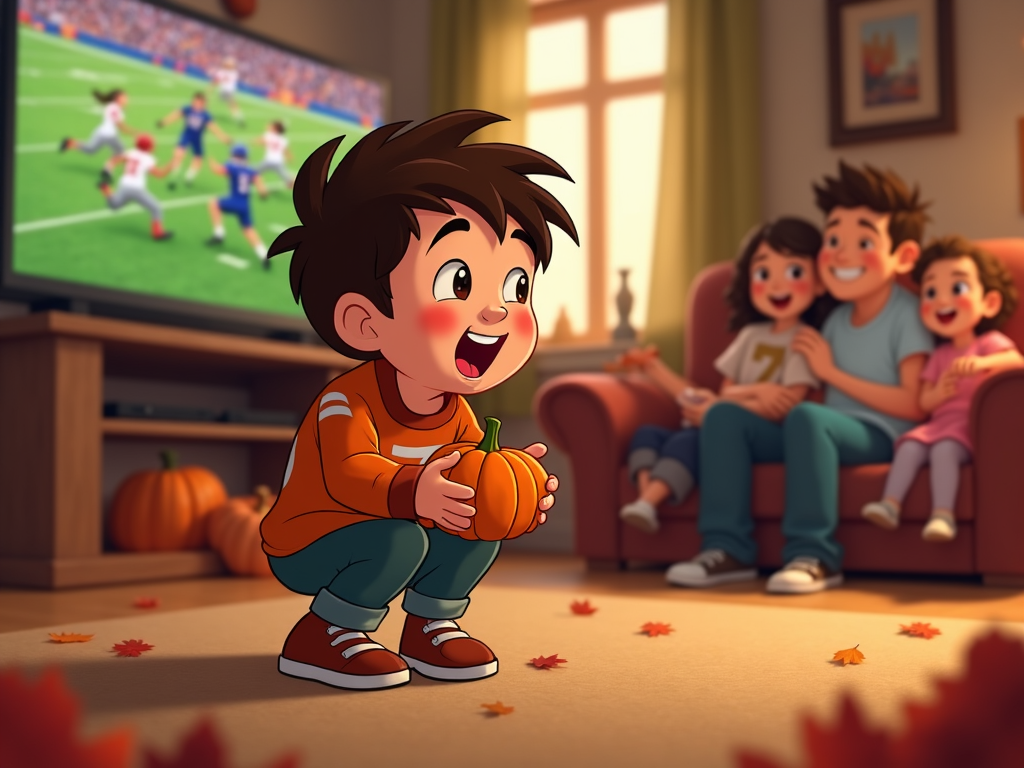 A little boy in a oversized football jersey holding a small pumpkin, playing around while others are focused on a Thanksgiving match on TV.