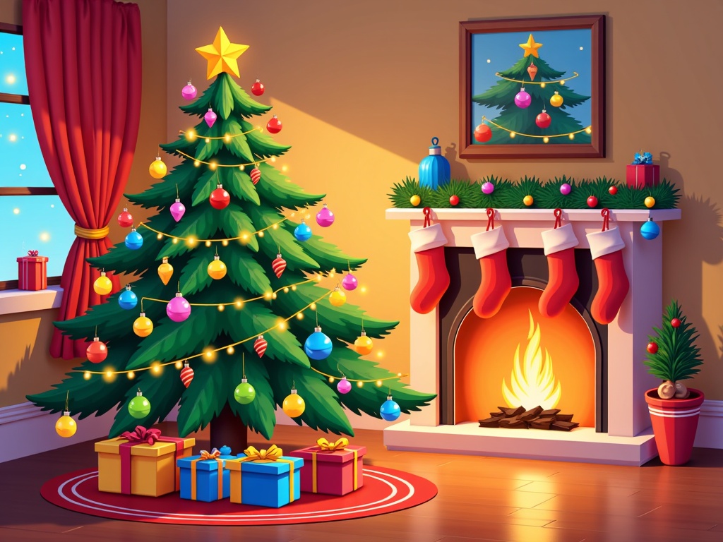 The image shows a living room with a Christmas tree decorated with colorful ornaments, lights, and a star on top. There are gift boxes underneath the tree, a carpet on the floor, a pot with a plant, socks hanging from the fireplace, a photo frame on the wall, a window with a curtain, and gift boxes near the window.