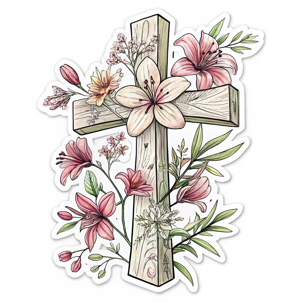 A sticker depicting a blooming cross intertwined with flowers, symbolizing the religious aspect of Easter Monday.