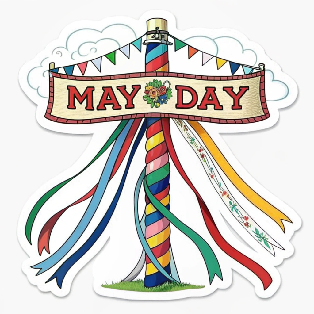 Translated text: May Day Protest Stickers - Maypole with Ribbons of Demands