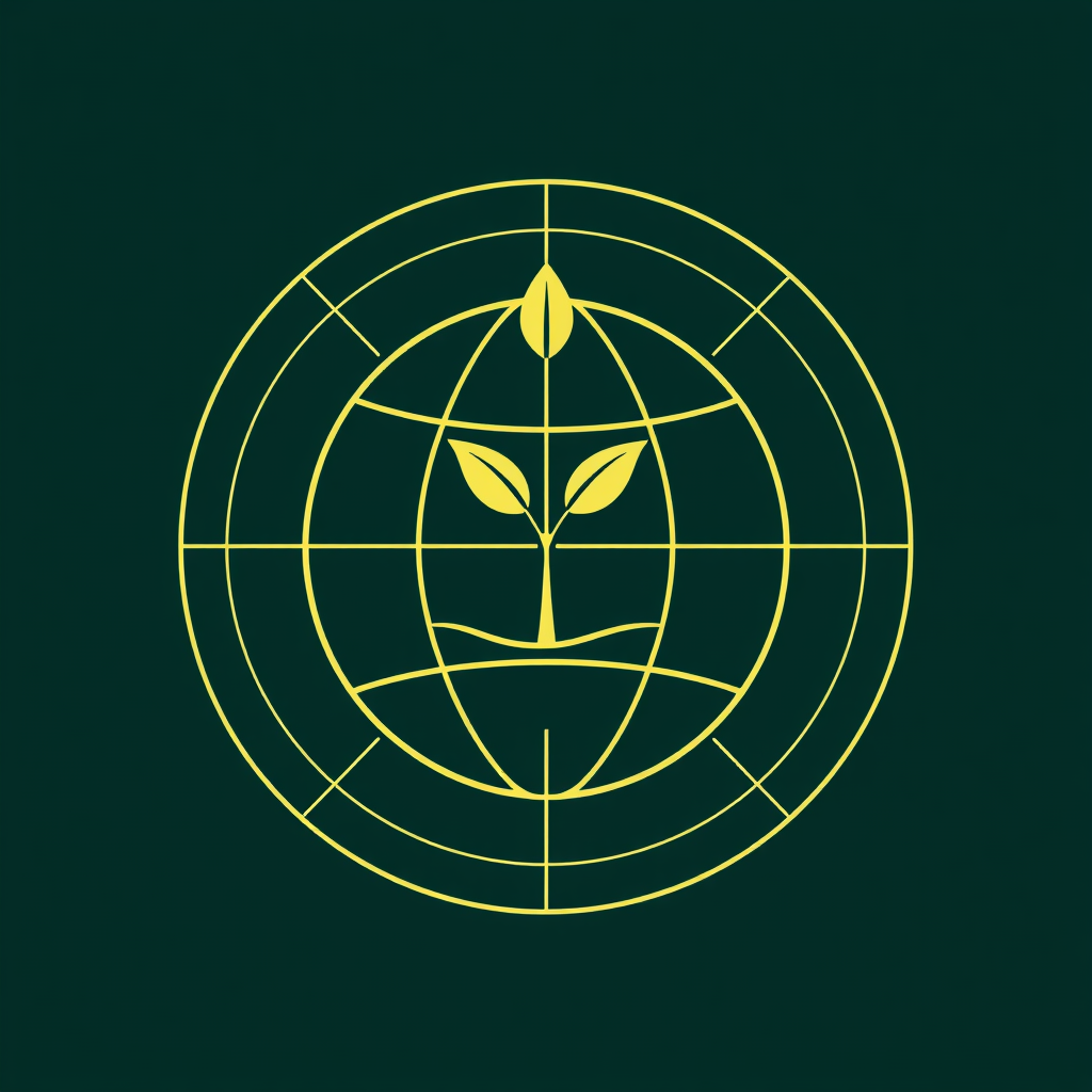 Logo concept: an ultra-minimalist globe (outlined circle with subtle meridian lines) with a small, elegant sprout emerging, representing global care and sustainable development.