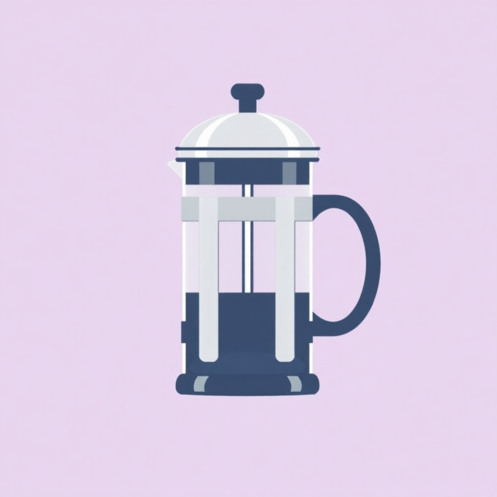 The image is an illustration of a French press coffee maker. It is a glass jar with a black handle and a silver lid. The jar is filled with a dark blue liquid, which appears to be freshly brewed coffee. The lid has a small knob on top for adjusting the temperature. The background is a light pink color. The overall design is simple and minimalistic.