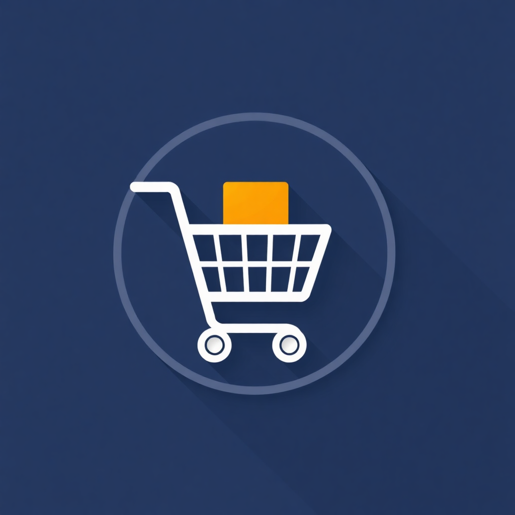 The image is a graphic design of a shopping cart icon. The cart is in the center of the image and is white in color. It has a rectangular shape with a handle on the left side and four wheels on the right side. Inside the cart, there is an orange square in the middle. The background is a solid blue color. The overall design is simple and minimalistic.