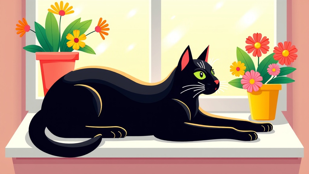 The image is an illustration of a black cat lying on a window sill. The cat is lying on its side with its body stretched out and its head resting on its front paws. It has green eyes and is looking towards the right side of the image. On the windowsill, there are two potted plants with orange and yellow flowers. The background is a light pink color. The overall style of the illustration is cartoon-like.