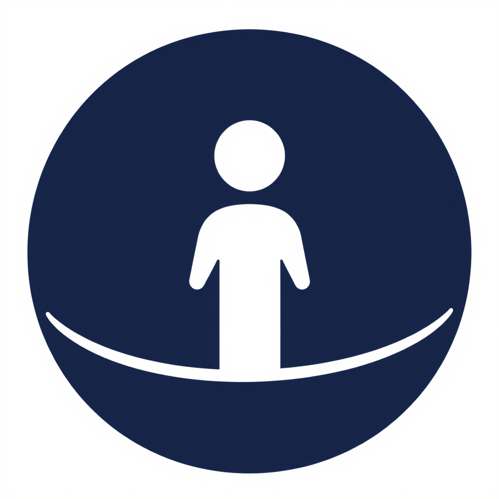 A starkly minimalist logo mark combining a basic human icon (e.g., circle head, line body) directly merged with a simple circle to denote the globe, such as the figure being inside the circle or one of its lines forming part of the circle's circumference.